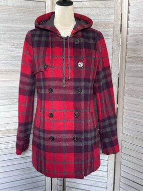 Y2K Quicksilver Peacoat Cascade Style Red/Purple Plaid Wool Women’s SZ S-Petite